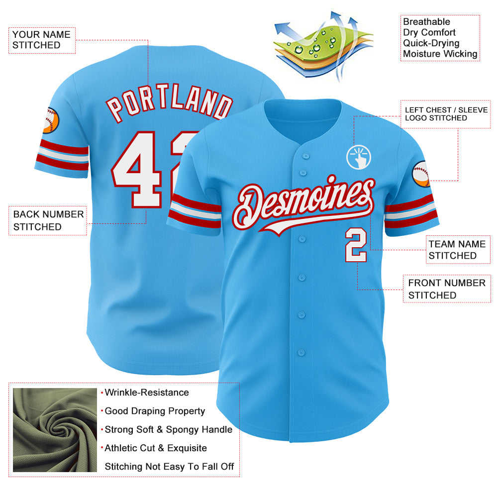 Custom Sky Blue White-Red Authentic Baseball Jersey - Sky-Custom