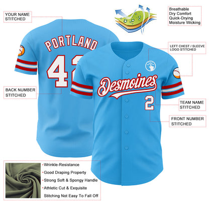 Custom Sky Blue White-Red Authentic Baseball Jersey - Sky-Custom