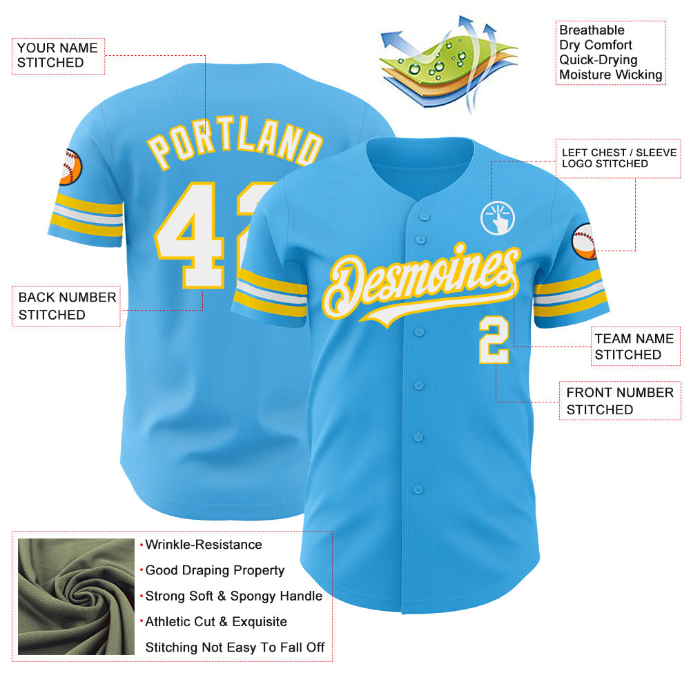 Custom Sky Blue White-Yellow Authentic Baseball Jersey - Sky-Custom