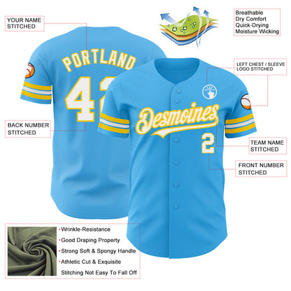 Custom Sky Blue White-Yellow Authentic Baseball Jersey - Sky-Custom