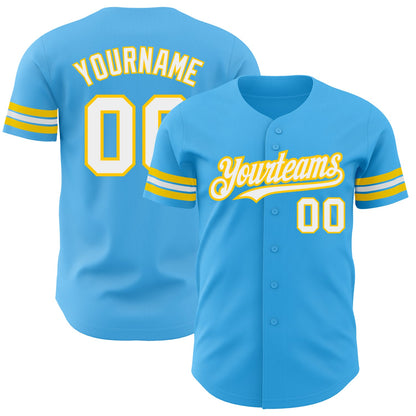 Custom Sky Blue White-Yellow Authentic Baseball Jersey - Sky-Custom
