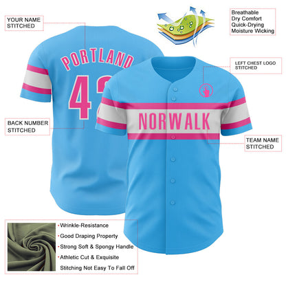 Custom Sky Blue Pink-White Authentic Baseball Jersey - Sky-Custom
