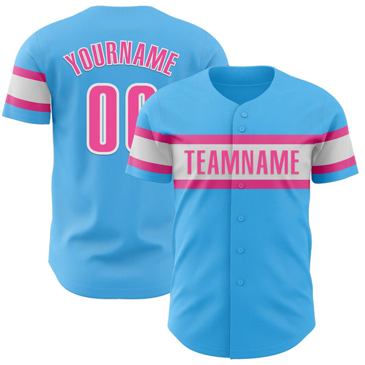 Custom Sky Blue Pink-White Authentic Baseball Jersey - Sky-Custom