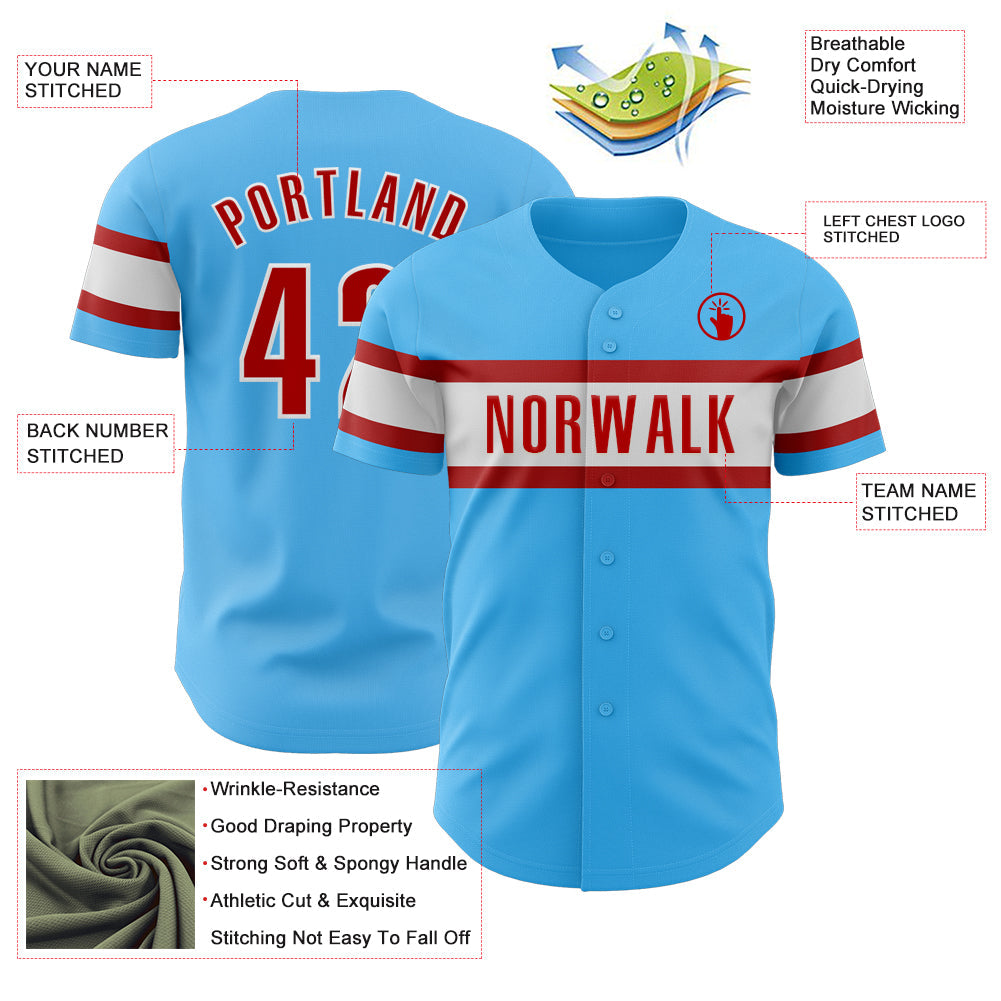 Custom Sky Blue Red-White Authentic Baseball Jersey - Sky-Custom