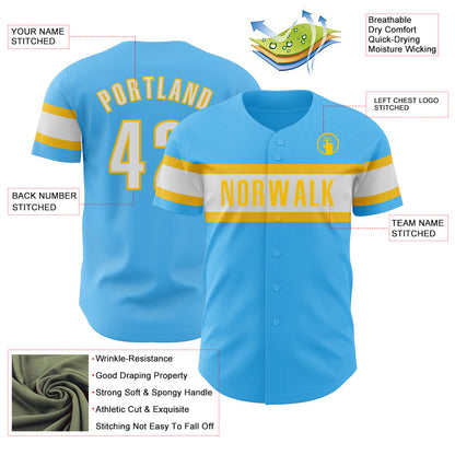 Custom Sky Blue White-Yellow Authentic Baseball Jersey - Sky-Custom
