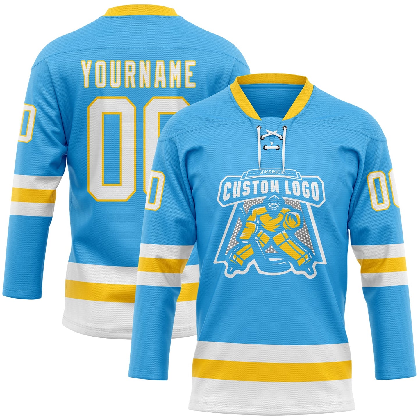 Custom Sky Blue White-Yellow Hockey Lace Neck Jersey - Sky-Custom