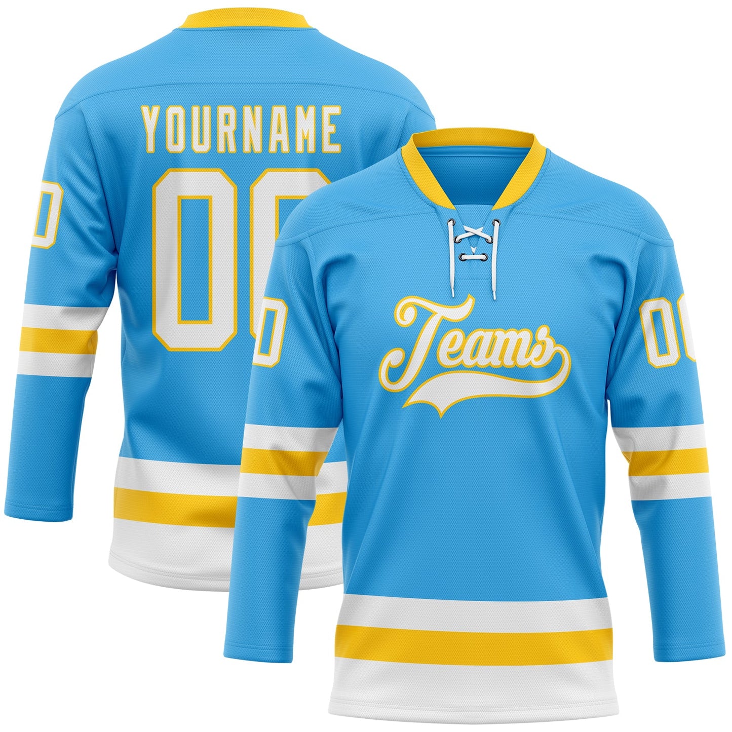 Custom Sky Blue White-Yellow Hockey Lace Neck Jersey - Sky-Custom