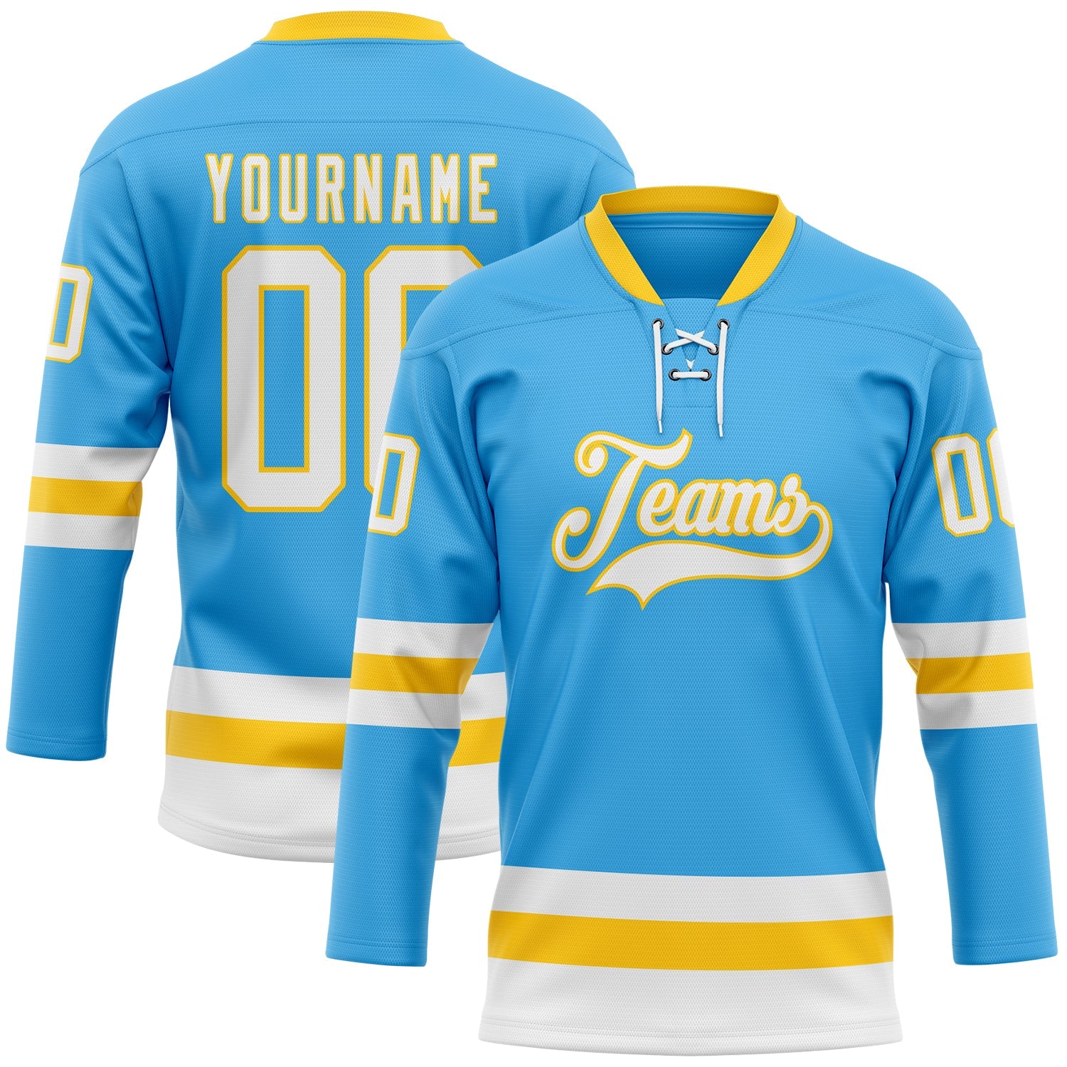 Custom Sky Blue White-Yellow Hockey Lace Neck Jersey - Sky-Custom