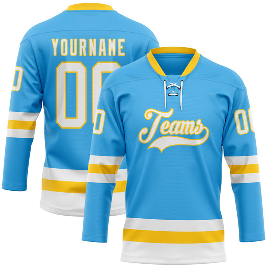 Custom Sky Blue White-Yellow Hockey Lace Neck Jersey - Sky-Custom