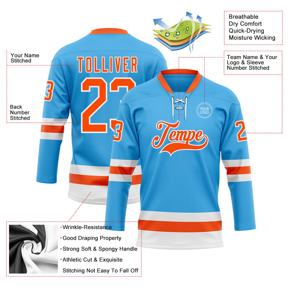 Custom Sky Blue Orange-White Hockey Lace Neck Jersey - Sky-Custom