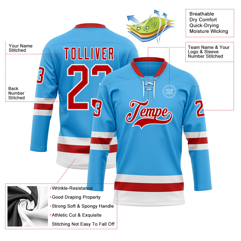 Custom Sky Blue Red-White Hockey Lace Neck Jersey - Sky-Custom
