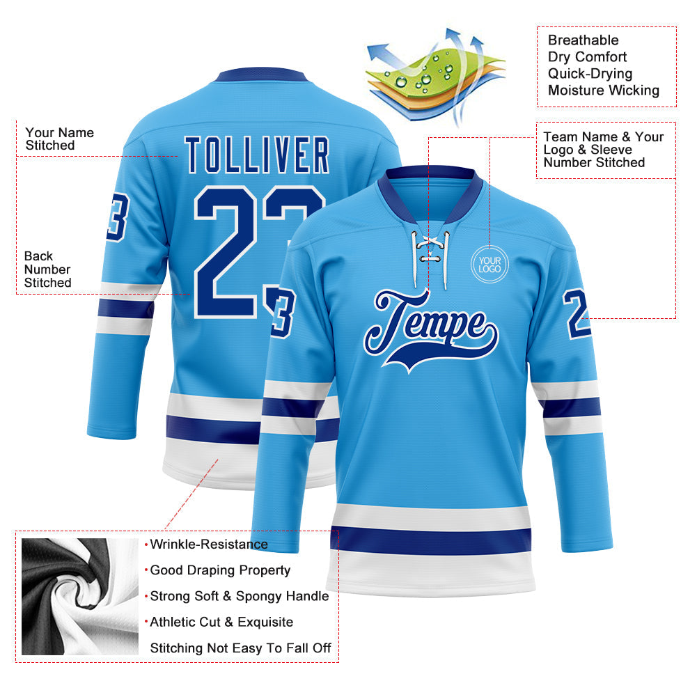 Custom Sky Blue Royal-White Hockey Lace Neck Jersey - Sky-Custom