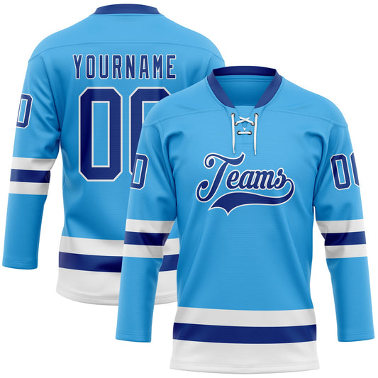 Custom Sky Blue Royal-White Hockey Lace Neck Jersey - Sky-Custom