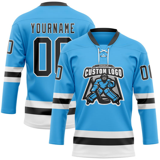 Custom Sky Blue Black-White Hockey Lace Neck Jersey - Sky-Custom