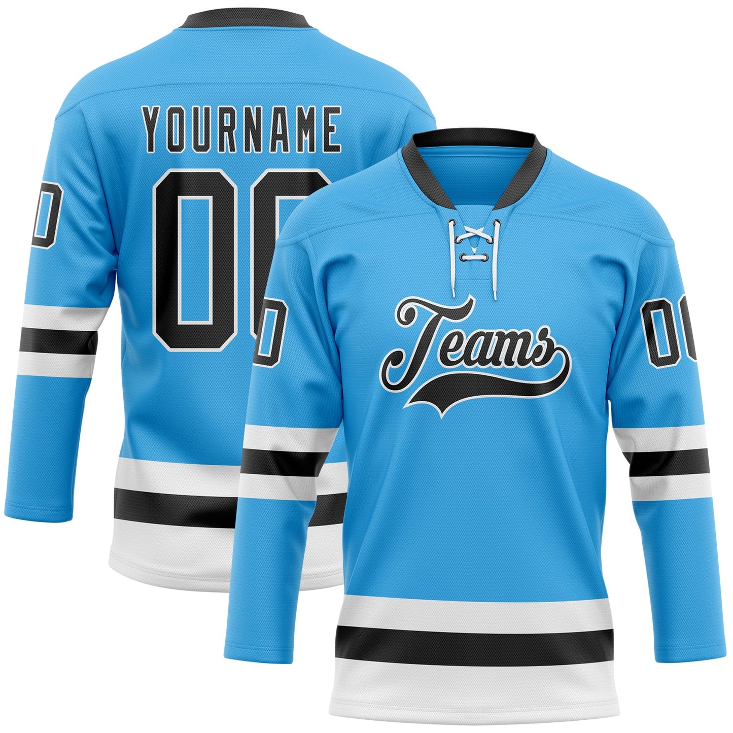 Custom Sky Blue Black-White Hockey Lace Neck Jersey - Sky-Custom