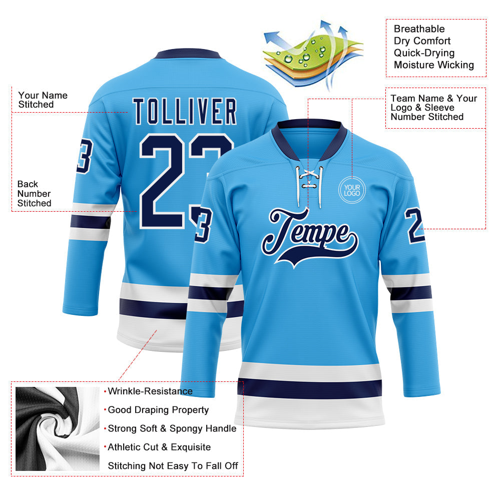 Custom Sky Blue Navy-White Hockey Lace Neck Jersey - Sky-Custom