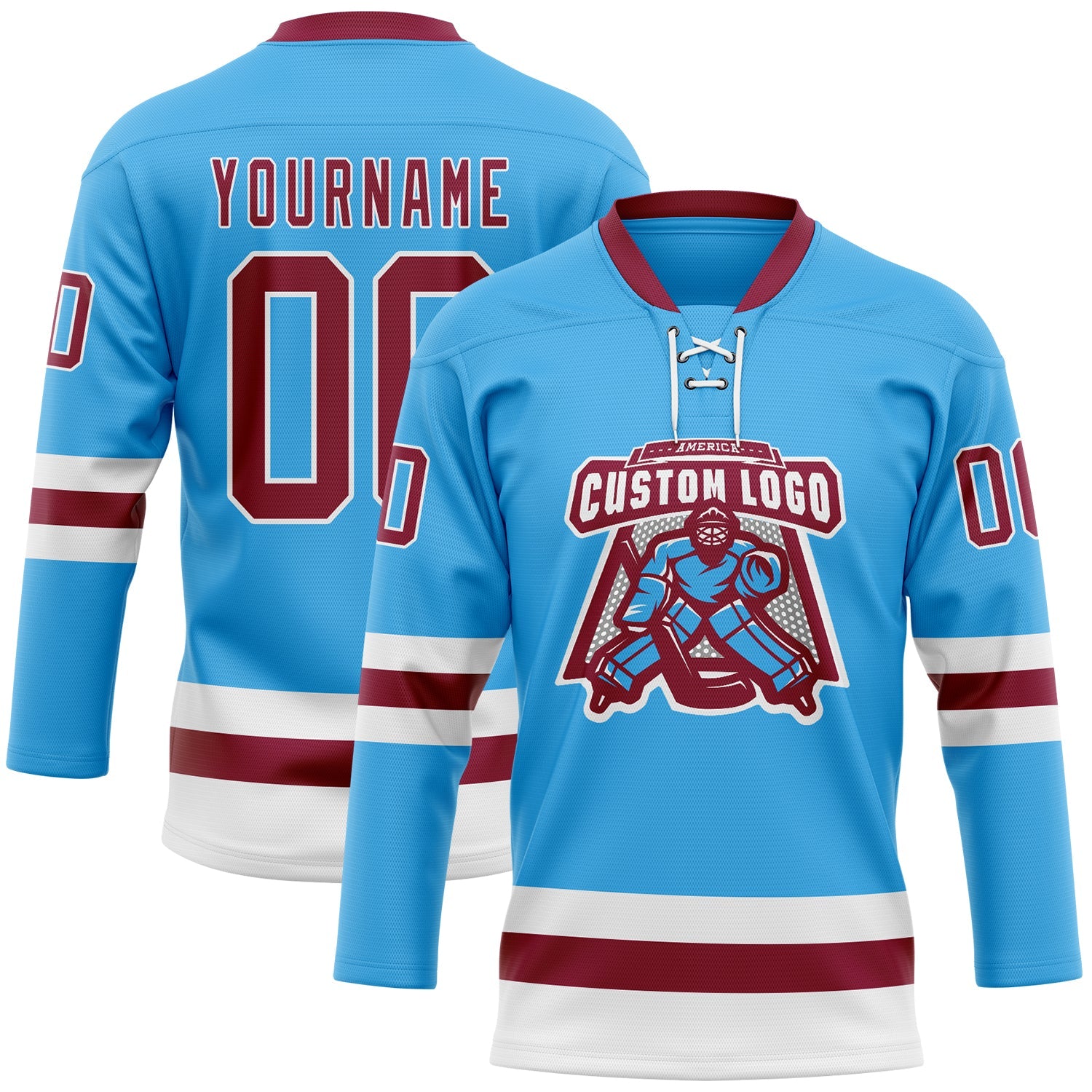 Custom Sky Blue Maroon-White Hockey Lace Neck Jersey - Sky-Custom