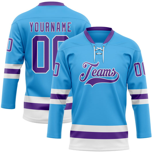 Custom Sky Blue Purple-White Hockey Lace Neck Jersey - Sky-Custom