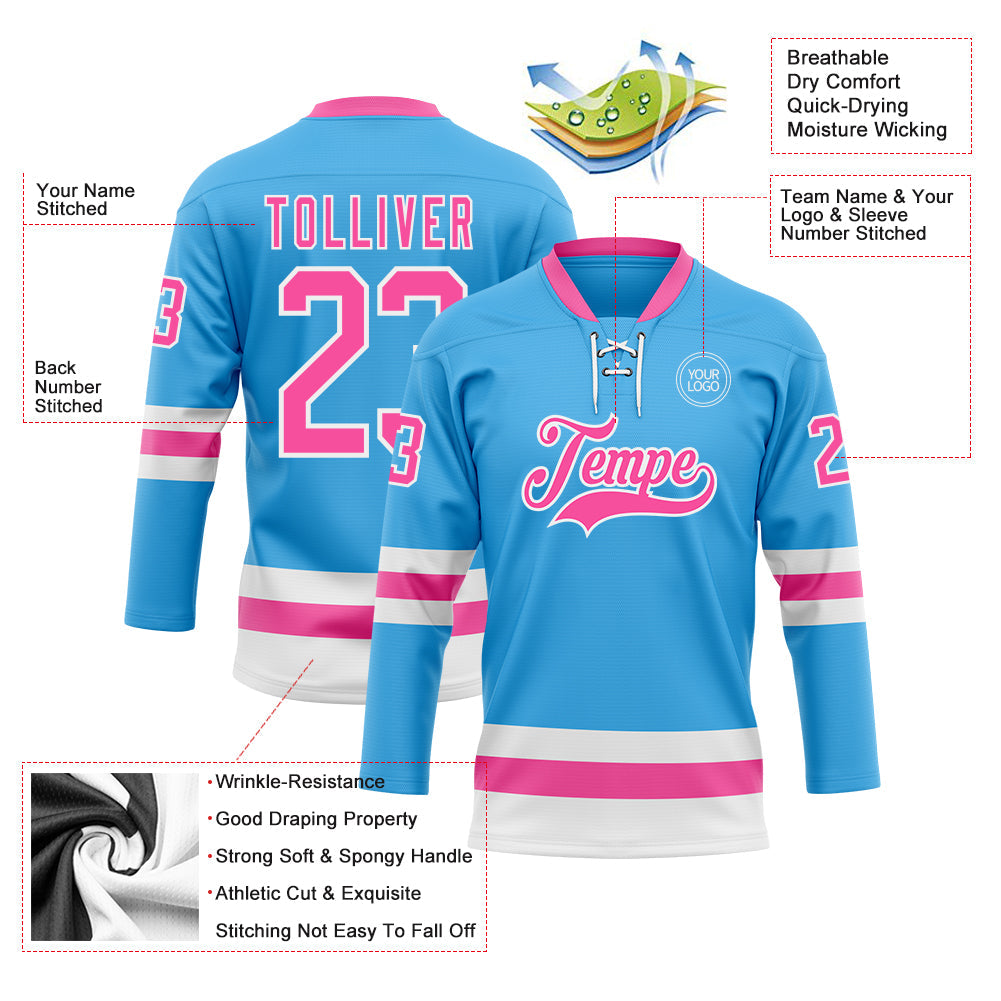 Custom Sky Blue Pink-White Hockey Lace Neck Jersey - Sky-Custom