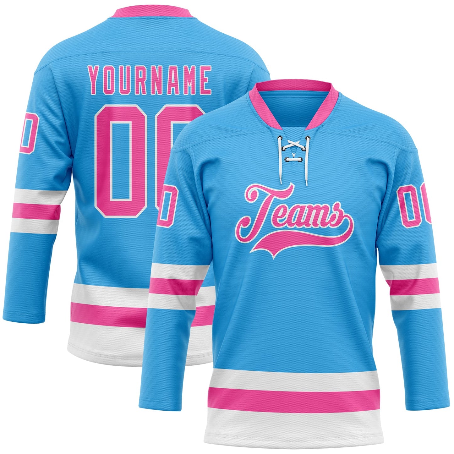 Custom Sky Blue Pink-White Hockey Lace Neck Jersey - Sky-Custom