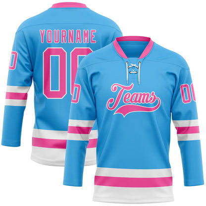 Custom Sky Blue Pink-White Hockey Lace Neck Jersey - Sky-Custom