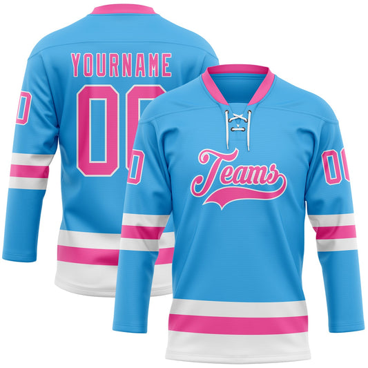 Custom Sky Blue Pink-White Hockey Lace Neck Jersey - Sky-Custom