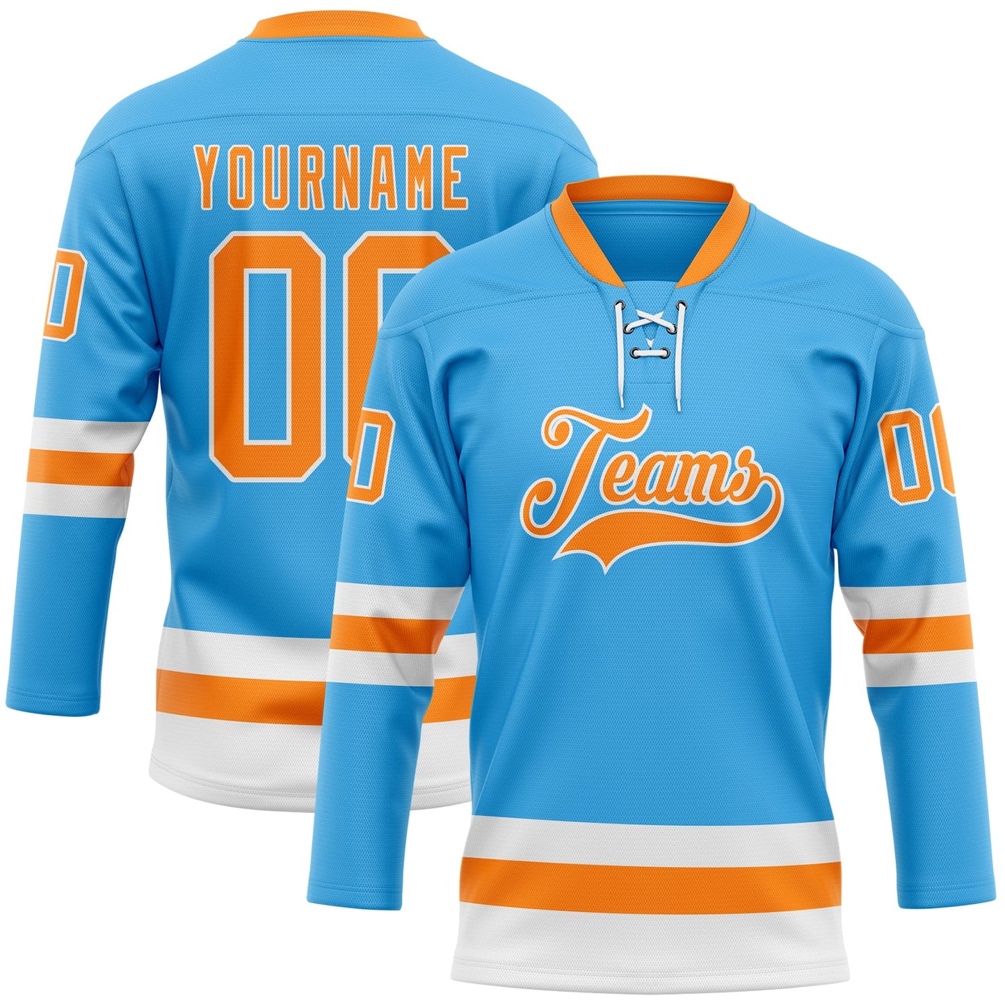 Custom Sky Blue Bay Orange-White Hockey Lace Neck Jersey - Sky-Custom