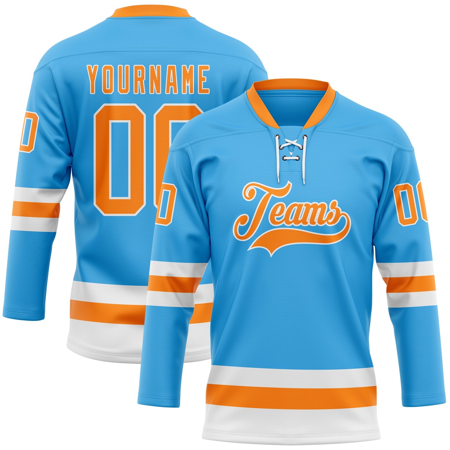 Custom Sky Blue Bay Orange-White Hockey Lace Neck Jersey - Sky-Custom