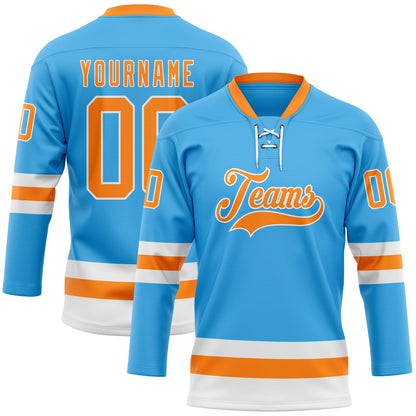 Custom Sky Blue Bay Orange-White Hockey Lace Neck Jersey - Sky-Custom