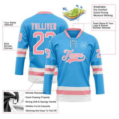 Custom Sky Blue Medium Pink-White Hockey Lace Neck Jersey - Sky-Custom