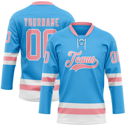 Custom Sky Blue Medium Pink-White Hockey Lace Neck Jersey - Sky-Custom