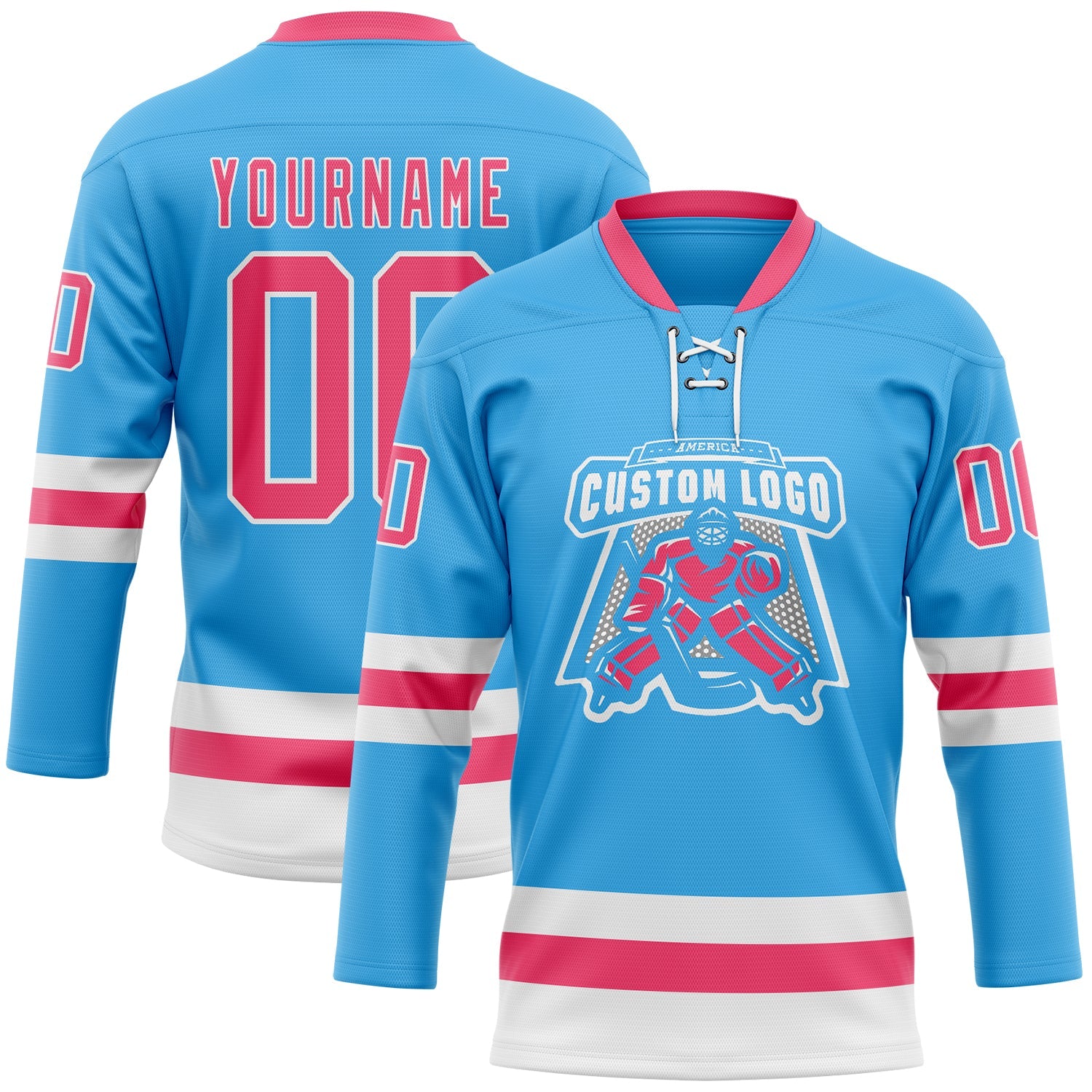 Custom Sky Blue Neon Pink-White Hockey Lace Neck Jersey - Sky-Custom