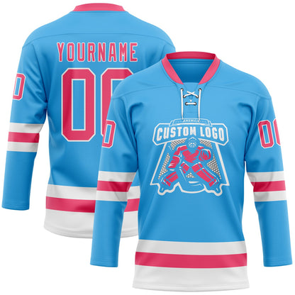 Custom Sky Blue Neon Pink-White Hockey Lace Neck Jersey - Sky-Custom
