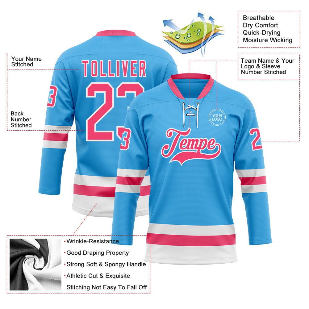 Custom Sky Blue Neon Pink-White Hockey Lace Neck Jersey - Sky-Custom