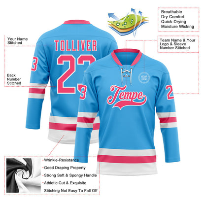 Custom Sky Blue Neon Pink-White Hockey Lace Neck Jersey - Sky-Custom