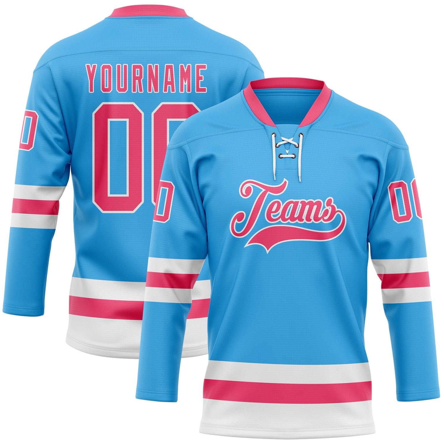 Custom Sky Blue Neon Pink-White Hockey Lace Neck Jersey - Sky-Custom