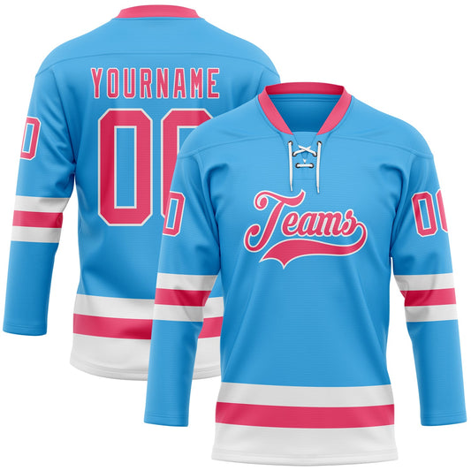 Custom Sky Blue Neon Pink-White Hockey Lace Neck Jersey - Sky-Custom