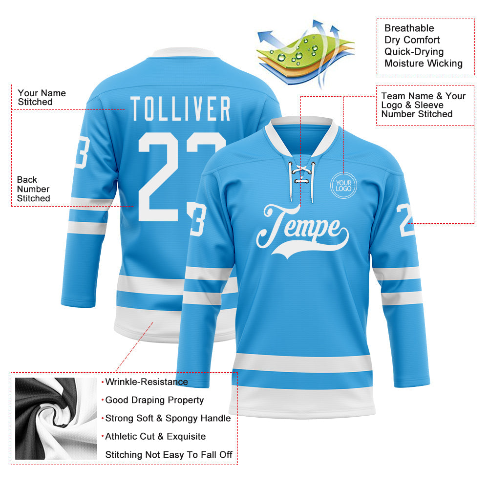 Custom Sky Blue White Hockey Lace Neck Jersey - Sky-Custom