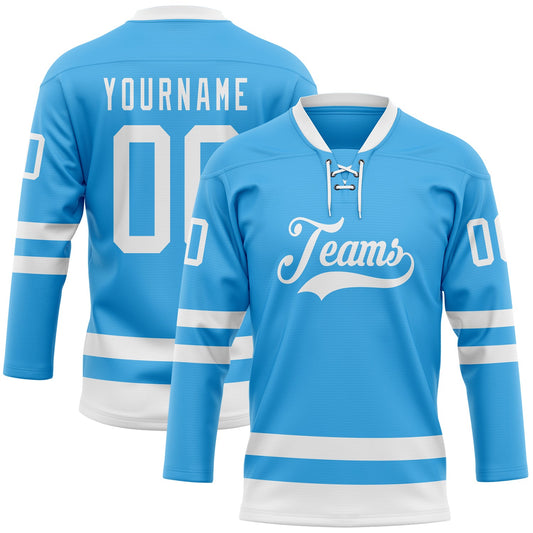 Custom Sky Blue White Hockey Lace Neck Jersey - Sky-Custom