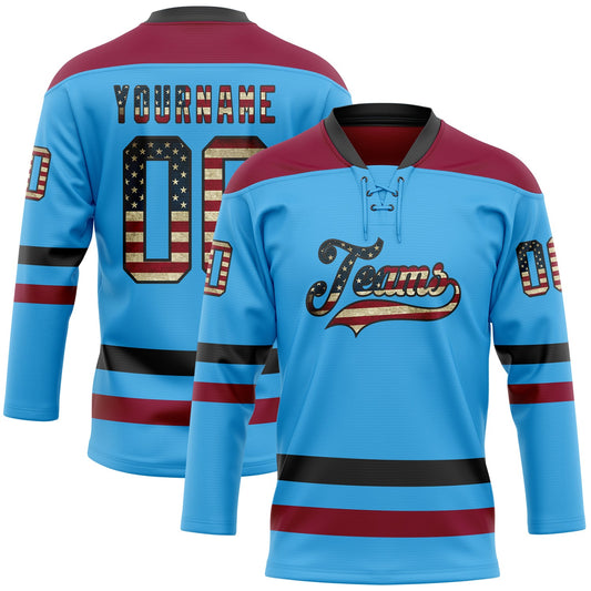 Custom Sky Blue Vintage USA Flag Black-Maroon Hockey Lace Neck Jersey - Sky-Custom