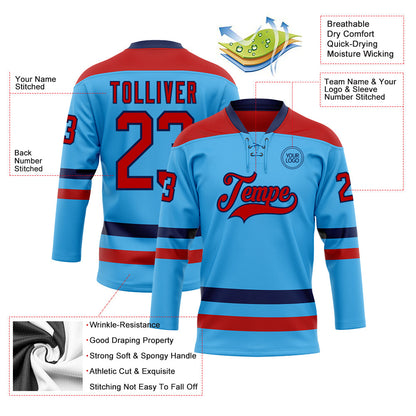 Custom Sky Blue Red-Navy Hockey Lace Neck Jersey - Sky-Custom