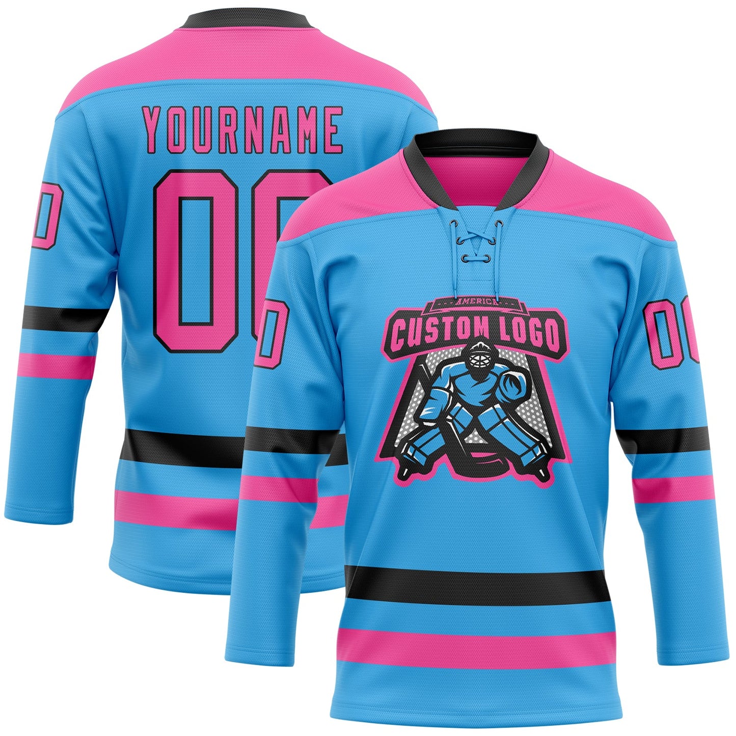 Custom Sky Blue Pink-Black Hockey Lace Neck Jersey - Sky-Custom