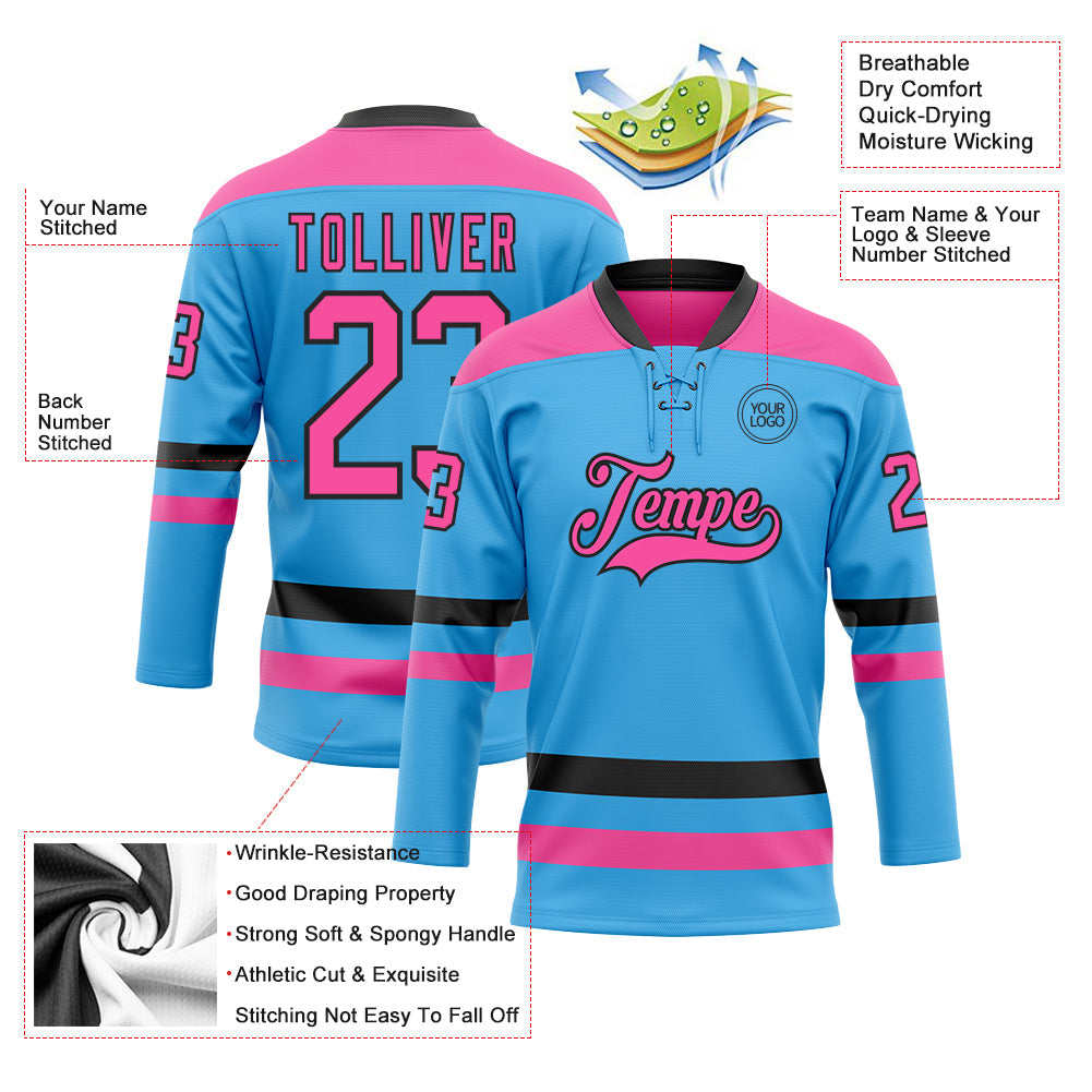 Custom Sky Blue Pink-Black Hockey Lace Neck Jersey - Sky-Custom