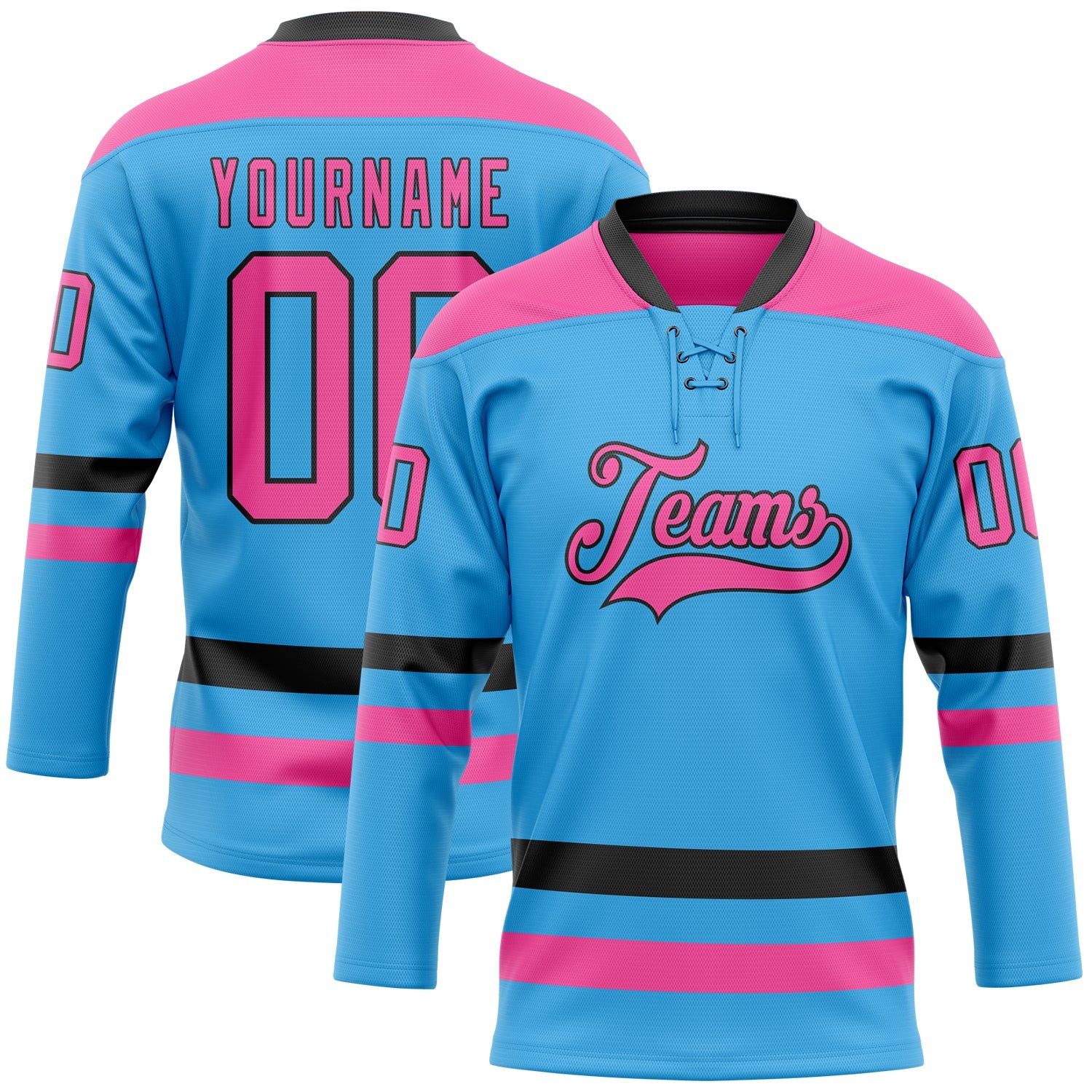 Custom Sky Blue Pink-Black Hockey Lace Neck Jersey - Sky-Custom