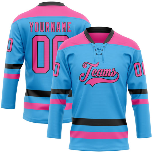 Custom Sky Blue Pink-Black Hockey Lace Neck Jersey - Sky-Custom