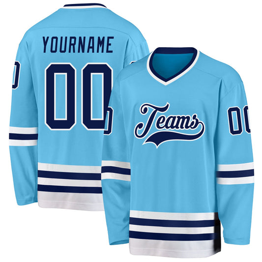 Custom Sky Blue Navy-White Hockey Jersey - Sky-Custom
