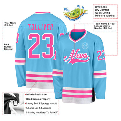 Custom Sky Blue Pink-White Hockey Jersey - Sky-Custom