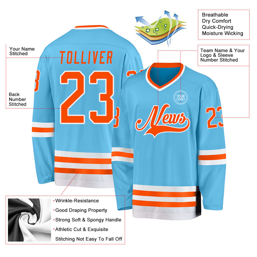 Custom Sky Blue Orange-White Hockey Jersey - Sky-Custom