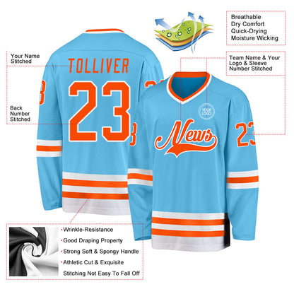 Custom Sky Blue Orange-White Hockey Jersey - Sky-Custom