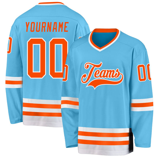 Custom Sky Blue Orange-White Hockey Jersey - Sky-Custom